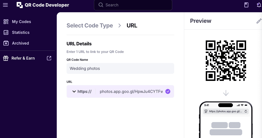 Générateur de codes QR pour photos de mariage